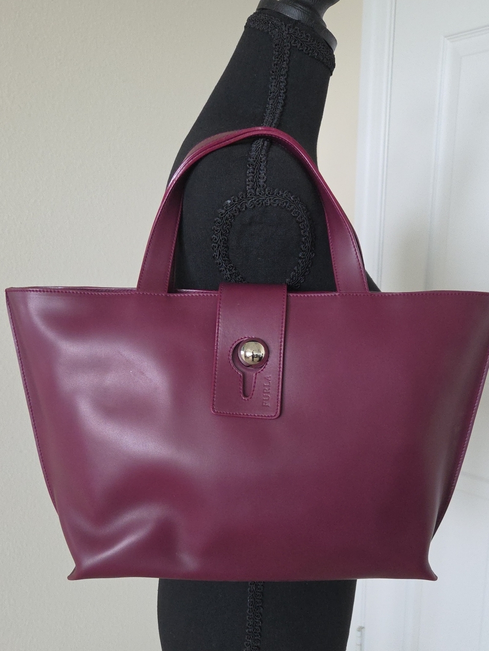Furla Plum Leather Tote with Turn-Lock Closure